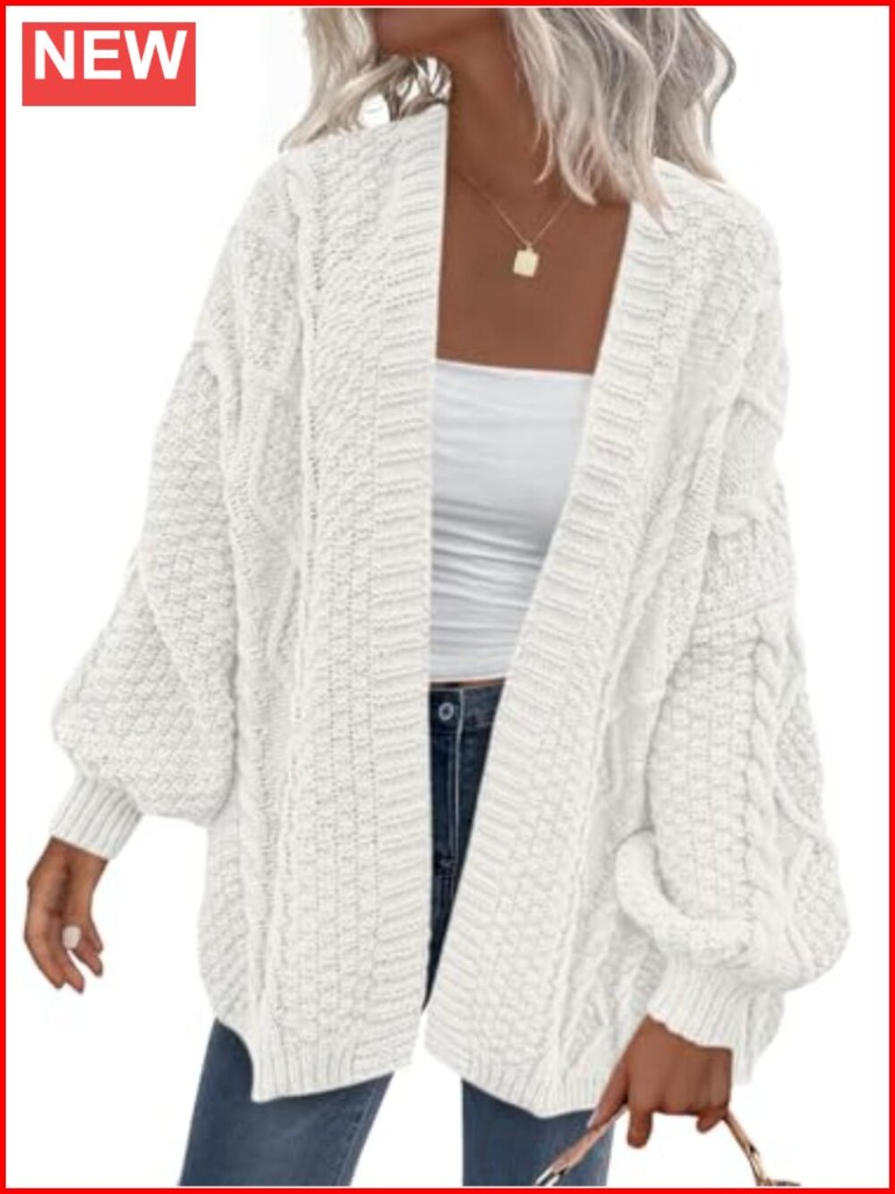 Open Front Cable Knit Cardigan Oversized Chunky Long Sleeve Lantern Sleeve